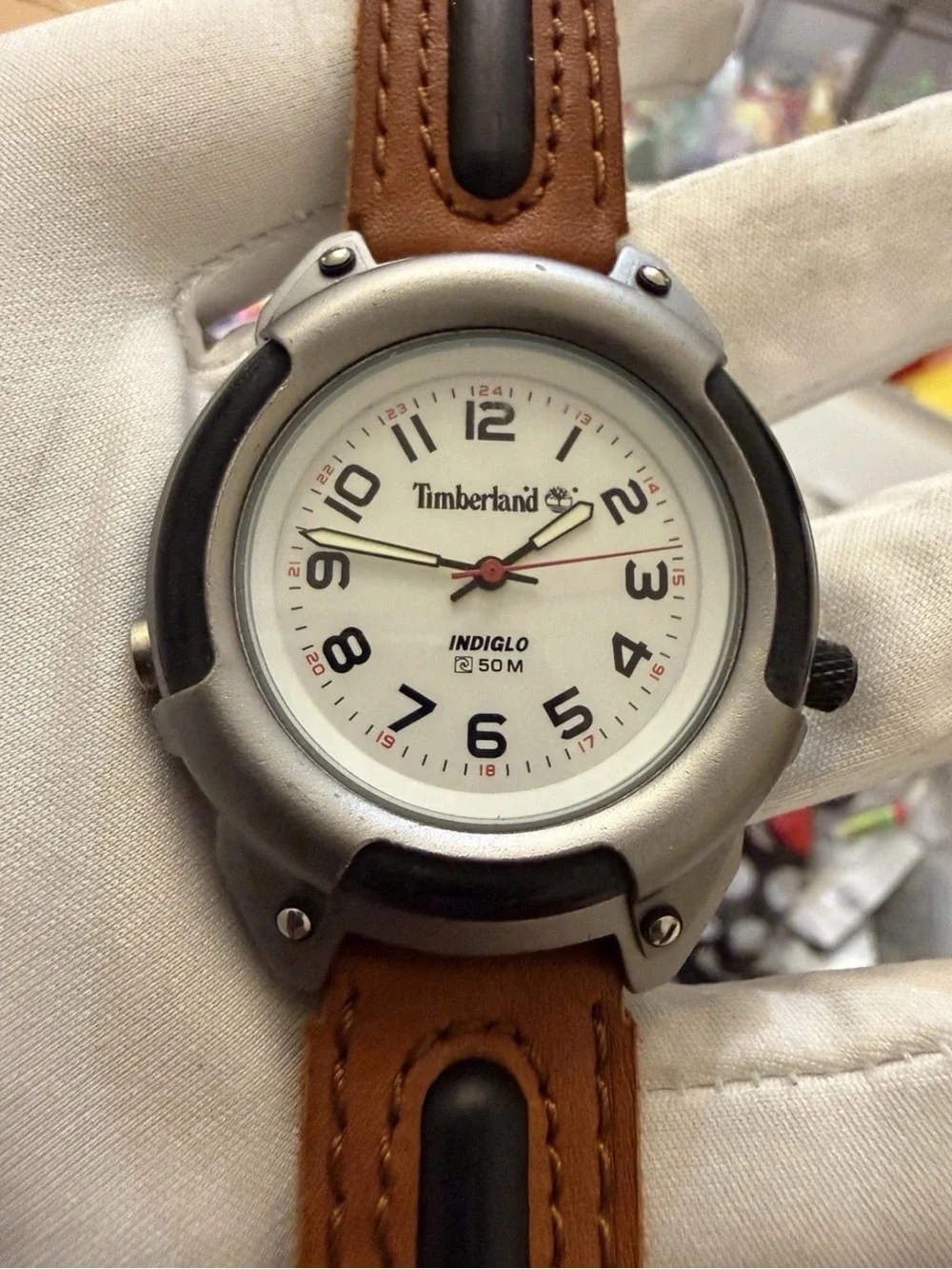 Vintage Timberland Indiglo 42mm Mens Field Watch 50M WR White Dial Leather